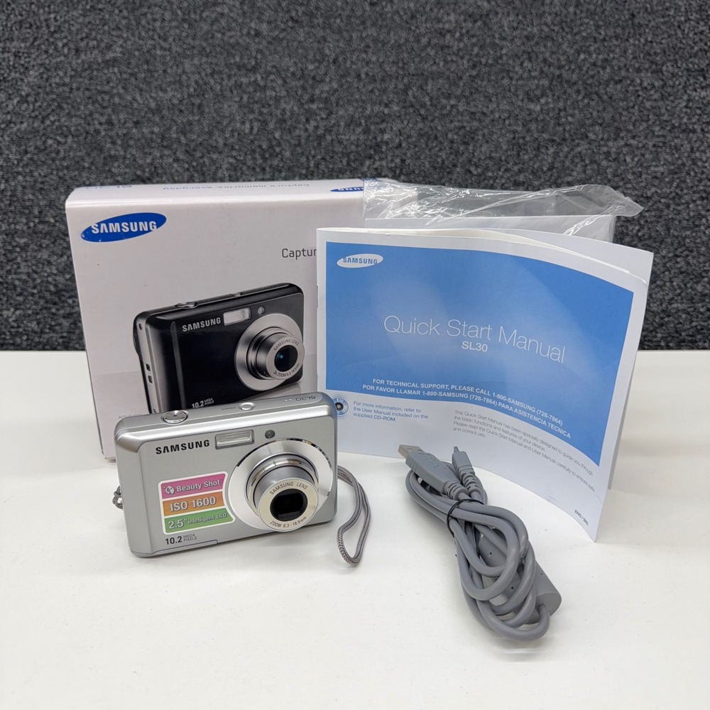 Samsung SL30 10.2MP Digital Camera Silver Tested w/ Box Manual Cable CD Works